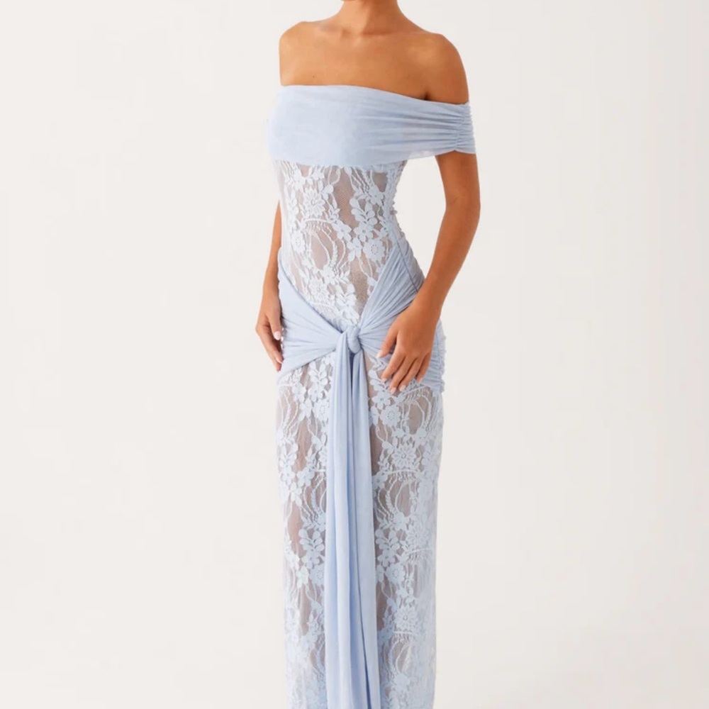 Peppermayo Light Blue Off-Shoulder Lace Maxi Dress